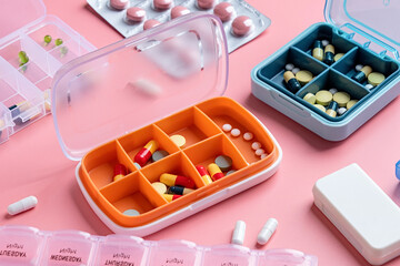 composition with pill boxes and blisters on color background