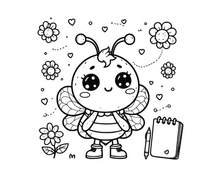Cute Cartoon Character of bee for coloring book. outline line art. Printable Design. isolated white background
