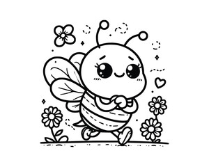 Cute Cartoon Character of bee for coloring book. outline line art. Printable Design. isolated white background