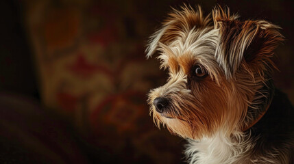 A cute studio ortrait of a Morkie dog breed. A small, hairy puppy.