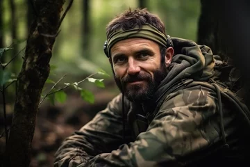 Foto op Canvas Portrait of a bearded man in a military jacket in the forest © Nerea