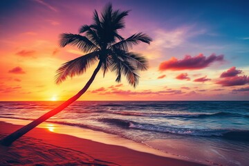 Beautiful nature tropical beach and sea with coconut palm tree at sunset time for travel and vacation