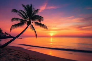 Fototapeta na wymiar Beautiful nature tropical beach and sea with coconut palm tree at sunset time for travel and vacation