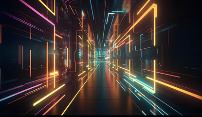 Fototapeta na wymiar futuristic sci-fi background with neon lights and reflective tunnel motion patterns