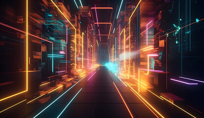 Fototapeta premium futuristic sci-fi background with neon lights and reflective tunnel motion patterns