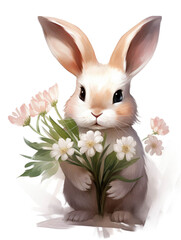 A charming illustration of a rabbit clutching a bouquet of flowers, with soft brown and white fur, against a light backdrop