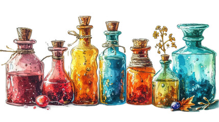 A collection of glass bottles with various potions and flowers inside, on a white background
