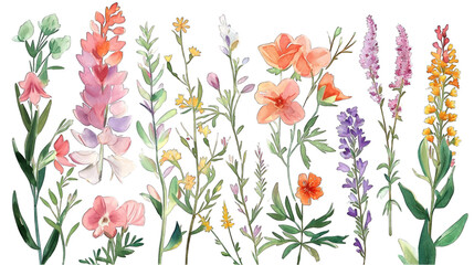 A bouquet of bright watercolor flowers splashed across a white background