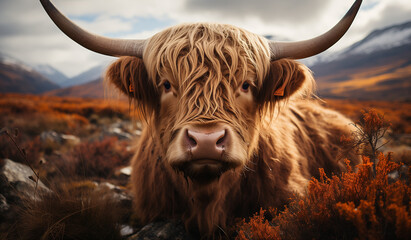highland cow in a field - obrazy, fototapety, plakaty
