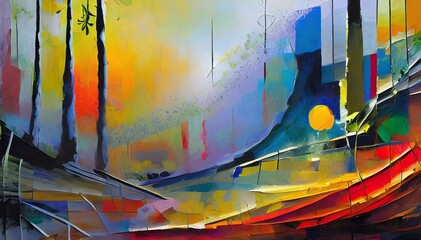 Abstract painting with a mixed texture of paint coating media and organic materials with vibrant colors