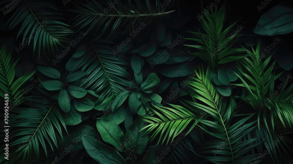 Wall mural dark green large tropical palm leaves on dark background. natural summer background close up. - Wall murals