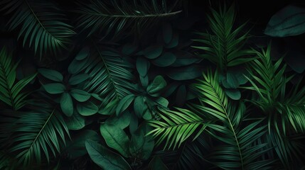 Fototapeta na wymiar Dark green large Tropical palm leaves on dark background. Natural summer background Close up.