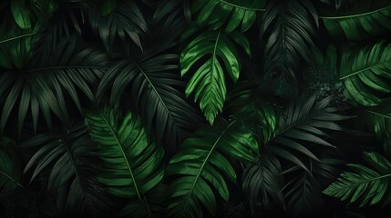 Dark green large Tropical palm leaves  on dark background. Natural summer background Close up. - obrazy, fototapety, plakaty