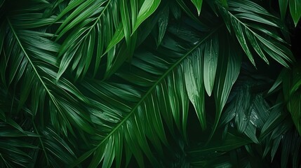 Dark green large Tropical palm leaves  on dark background. Natural summer background Close up.
