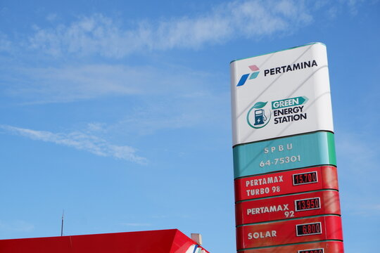 Pt. pertamina is petrol filling place that uses a green energy station. Bontang, East Kalimantan, Indonesia. September 22 2023