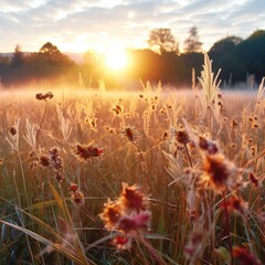 Grass flower in the meadow at sunrise,  Nature background