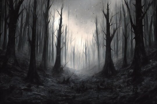 Mystical dark forest with fog,  Halloween concept