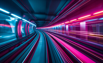 Fast underground subway train racing through the tunnels. Neon pink and blue light.