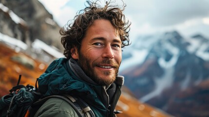 handsome man, hiker selfie on the mountain - obrazy, fototapety, plakaty