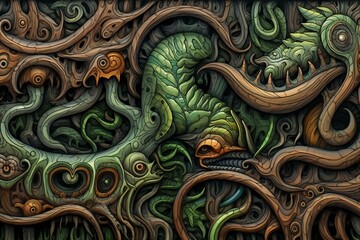 Illustration of an abstract background with a dragon and a snake