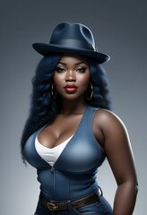 Fototapeta na wymiar Beautiful african american woman in hat and blue dress, studio shot