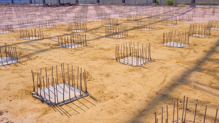 Deep foundation footing reinforcement steel on the ground for reinforced concrete floor work in the...