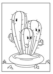 Cute kawaiiColoring page. Hand drawn doodle plants. Cartoon cactus for coloring book. Vector illustr