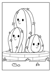 Cute kawaiiColoring page. Hand drawn doodle plants. Cartoon cactus for coloring book. Vector illustr