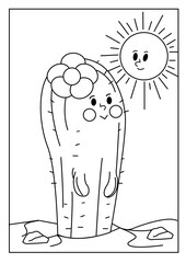Cute kawaiiColoring page. Hand drawn doodle plants. Cartoon cactus for coloring book. Vector illustr