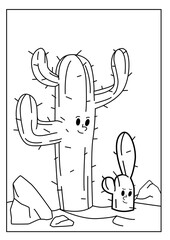 Cute kawaiiColoring page. Hand drawn doodle plants. Cartoon cactus for coloring book. Vector illustr