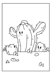 Cute kawaiiColoring page. Hand drawn doodle plants. Cartoon cactus for coloring book. Vector illustr