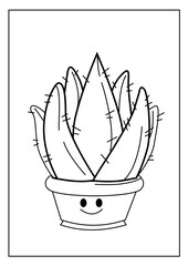 Cute kawaiiColoring page. Hand drawn doodle plants. Cartoon cactus for coloring book. Vector illustr