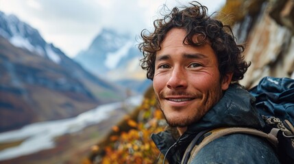 handsome man, hiker selfie on the mountain - obrazy, fototapety, plakaty