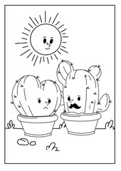 Cute kawaiiColoring page. Hand drawn doodle plants. Cartoon cactus for coloring book. Vector illustr