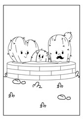 Cute kawaiiColoring page. Hand drawn doodle plants. Cartoon cactus for coloring book. Vector illustr