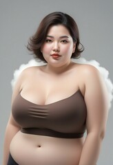 Beautiful overweight asian woman with angel wings isolated on gray background