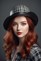 Portrait of a beautiful young woman with red hair in a hat