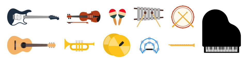 set collection of various musical instruments. guitar, violin, drums, piano © David