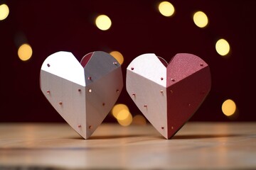 Two paper hearts in the shape of a heart on a wooden table with bokeh background