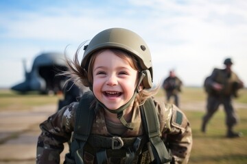 Portrait of a little girl playing on airfield with military equipment