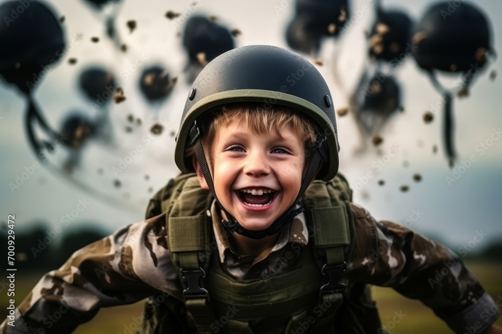 Poster Portrait of a little boy in a military helmet against the background of flying balloons