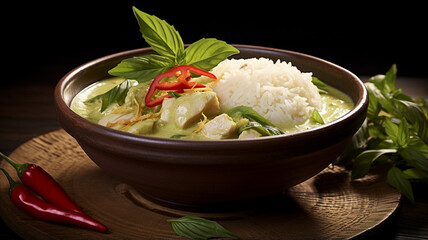 Spicy Thai green curry with chicken - obrazy, fototapety, plakaty