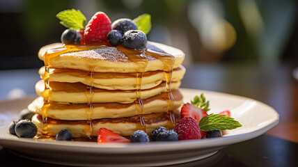 stack of fluffy pancakes with syrup