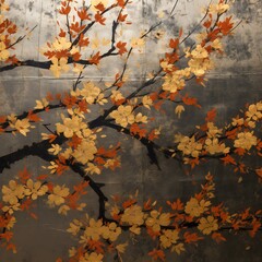 Cherry blossom on grunge textured background with autumn leaves