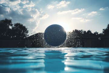 A sphere floating in a pool on a sunny day