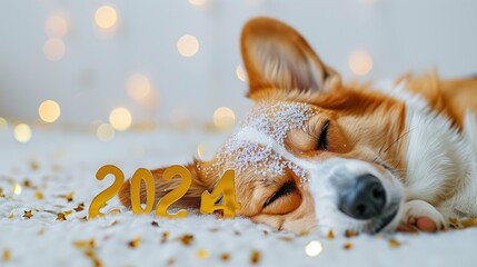 a adorable Pembroke Welsh Corgi sleeping with text 2024 with Golden Confetti on White Background: celebrating Joyful New Year Concept. Postcard with copy space for text. new year with pet.