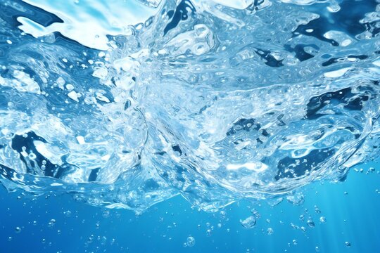 Close up of water waves on blue background with sun rays and lens flare