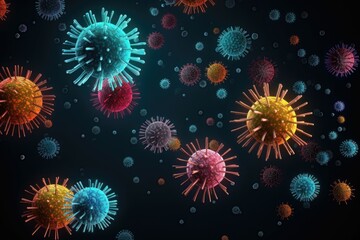3D visualization of multicolored viruses on a dark background