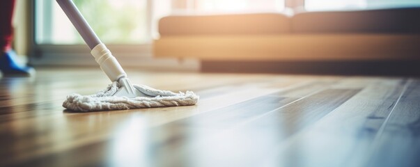 Naklejka premium Close up photo of young woman cleaning floor with a wet mop.