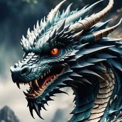 Dragon head illustration, asian fantasy dragon head with sharp teeth